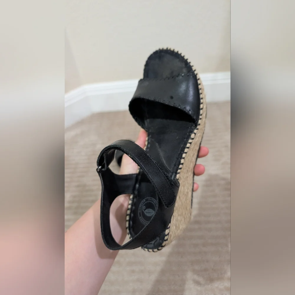 Nurture Black Leather Espadrille Wedge Sandals - Picture 7 of 9